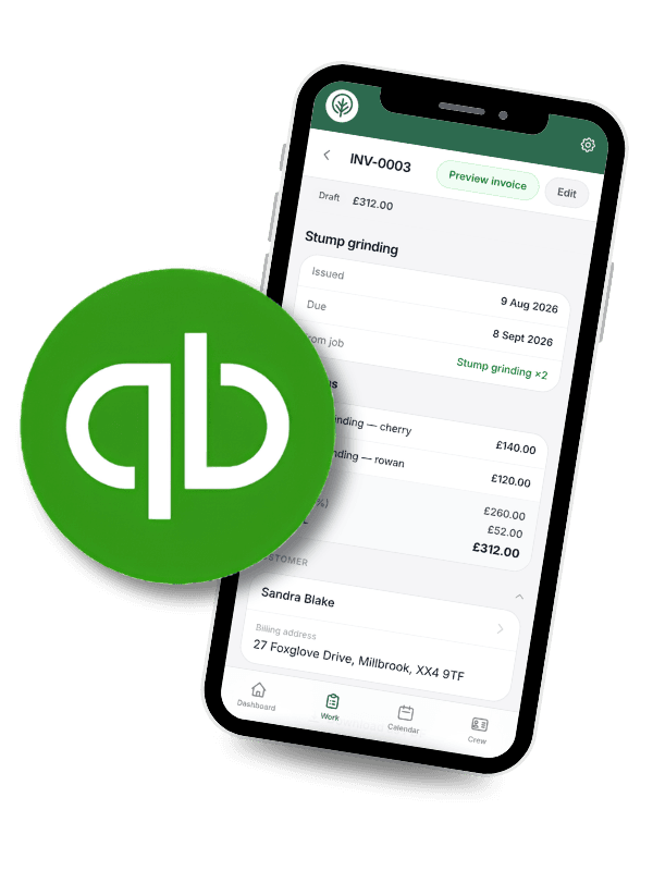 An invoice on a phone, beside the QuickBooks logo