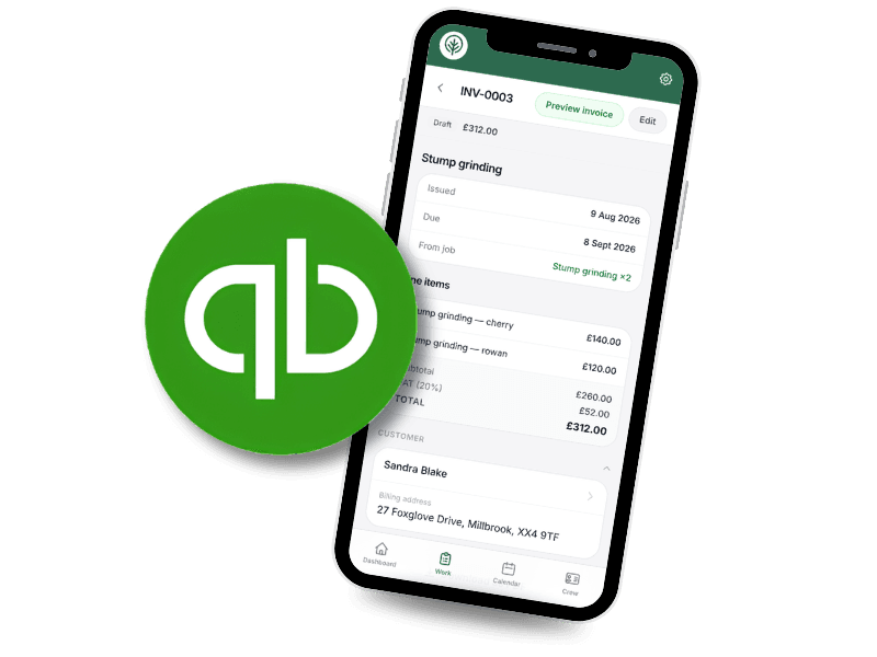 An invoice on a phone, beside the QuickBooks logo