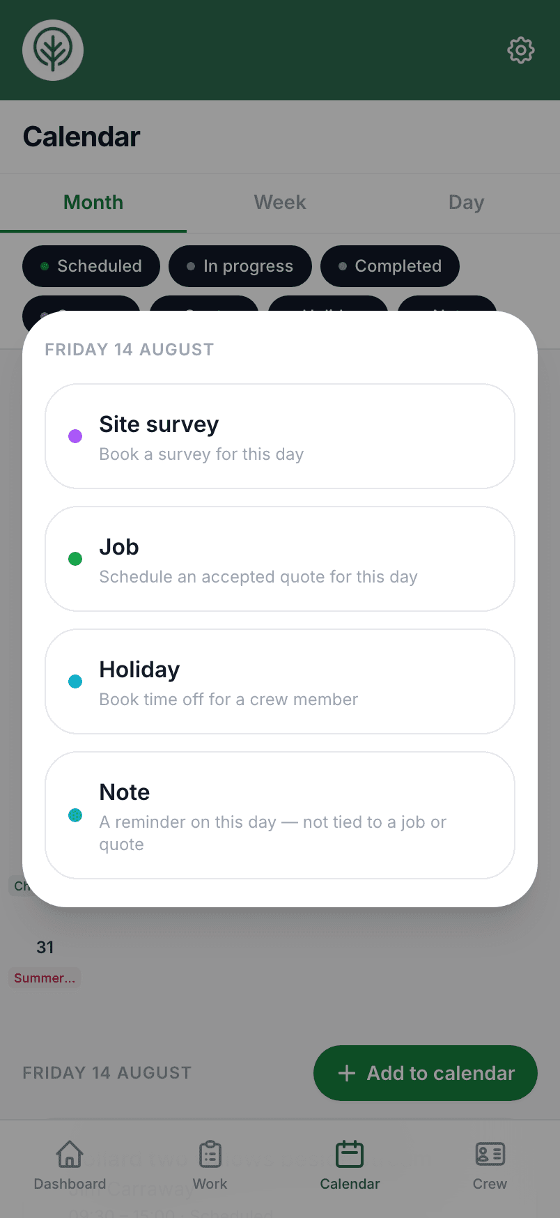 Adding a survey, job, holiday or note to a calendar day in Treetask