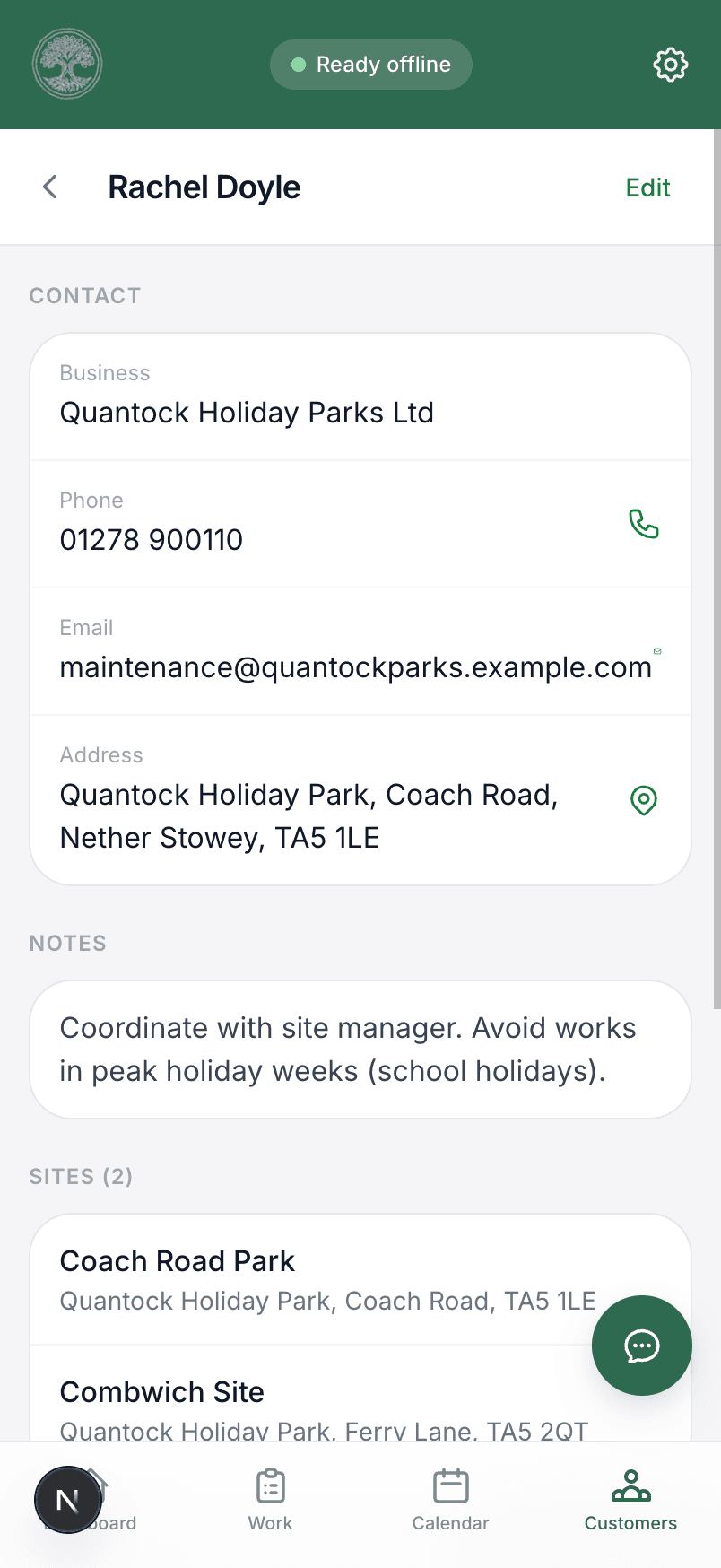 A customer record in Treetask with contact details and sites