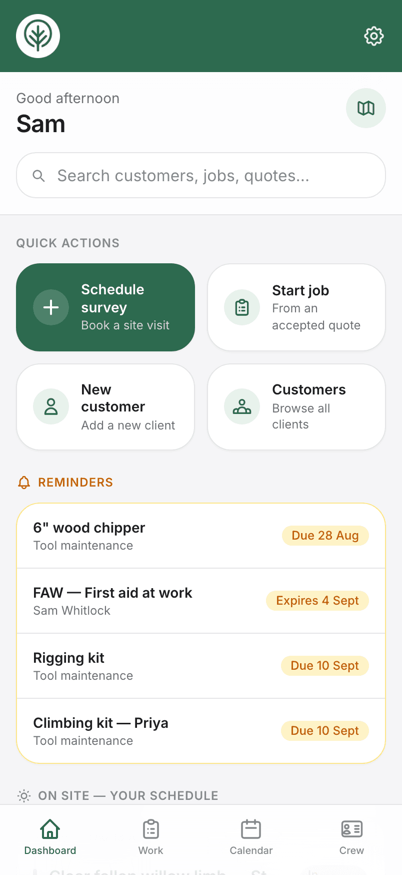 The Treetask dashboard on a phone — quick actions, reminders and the day's schedule