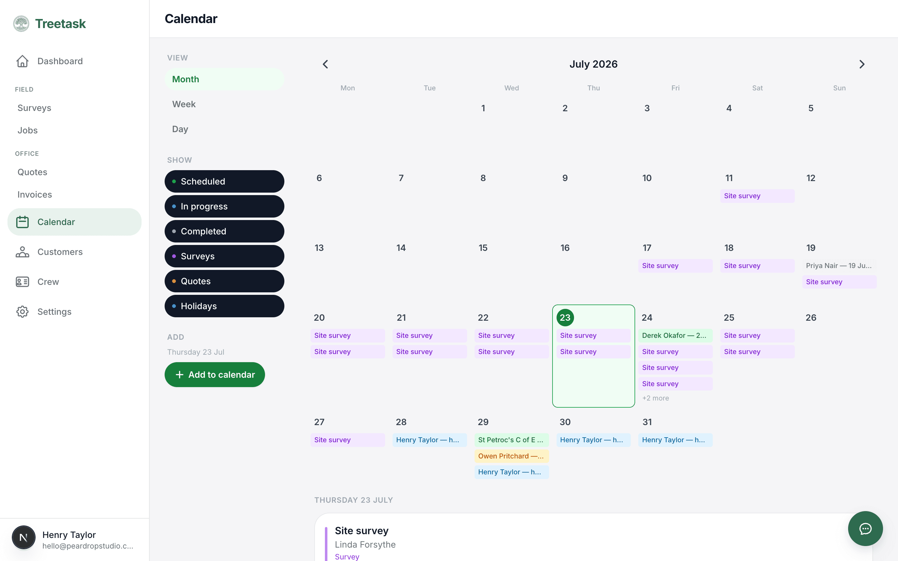 The Treetask calendar on a laptop, showing a month of jobs and surveys
