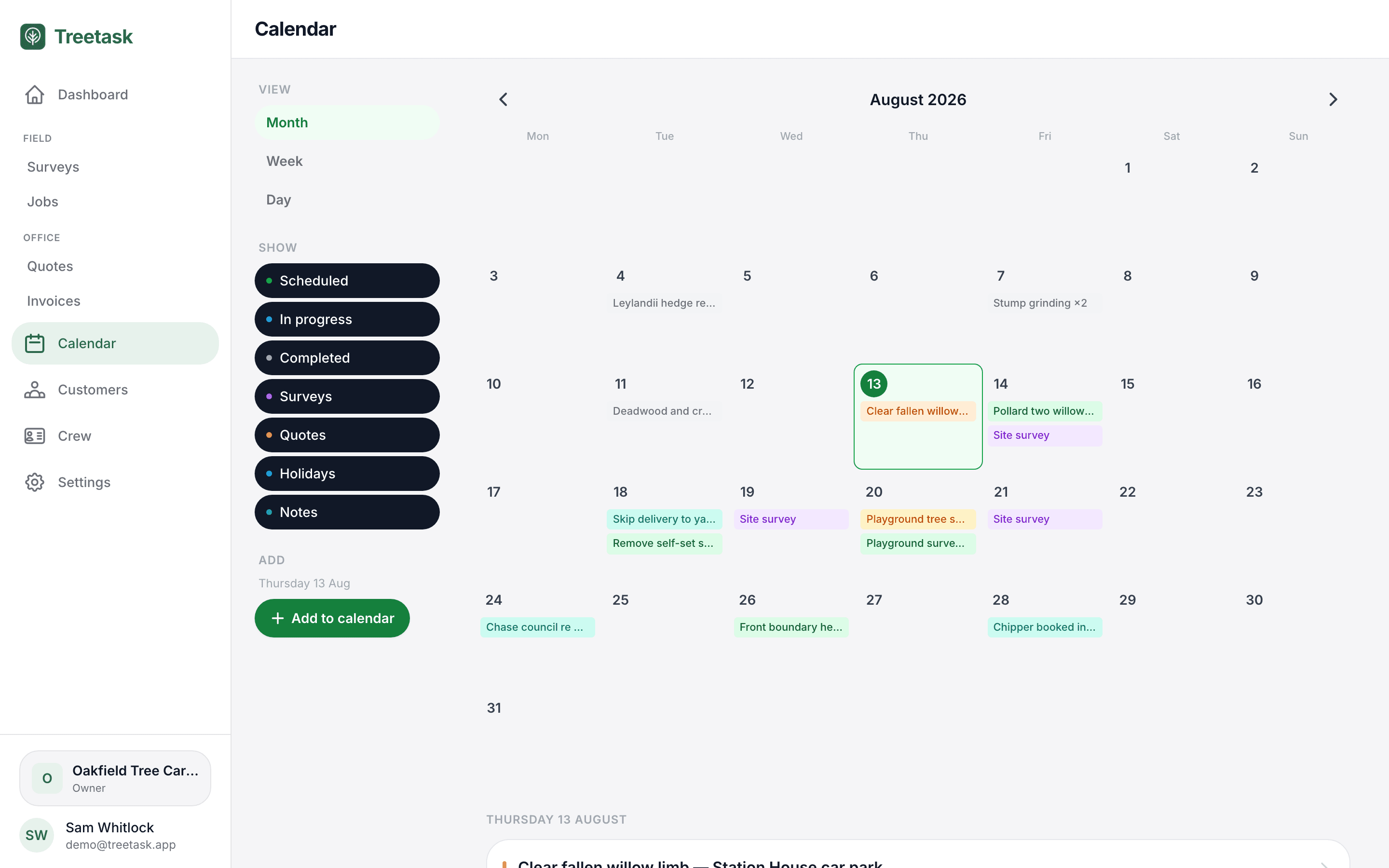 The Treetask calendar on a laptop, showing a month of work