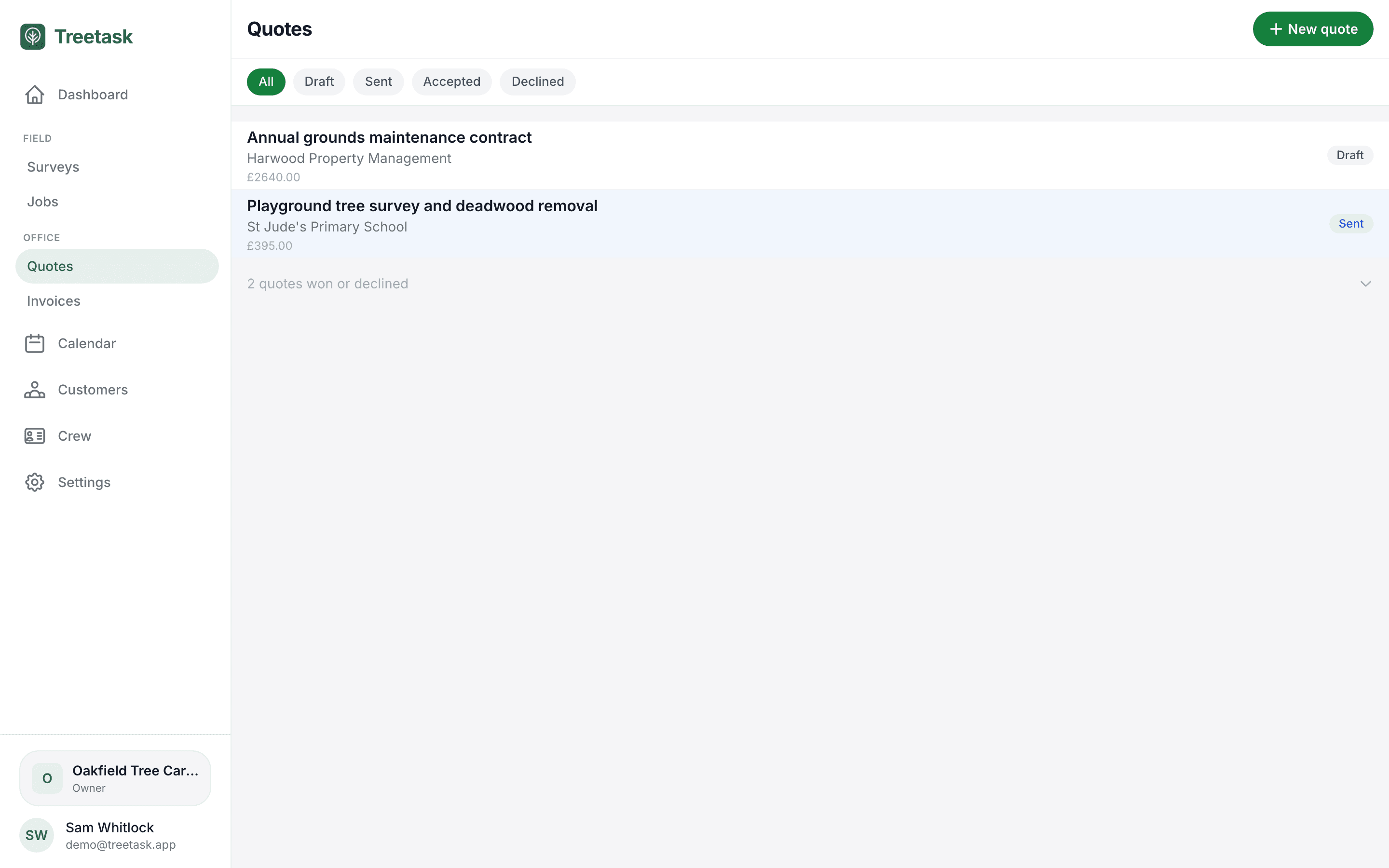 Quotes in Treetask, ready to push to QuickBooks