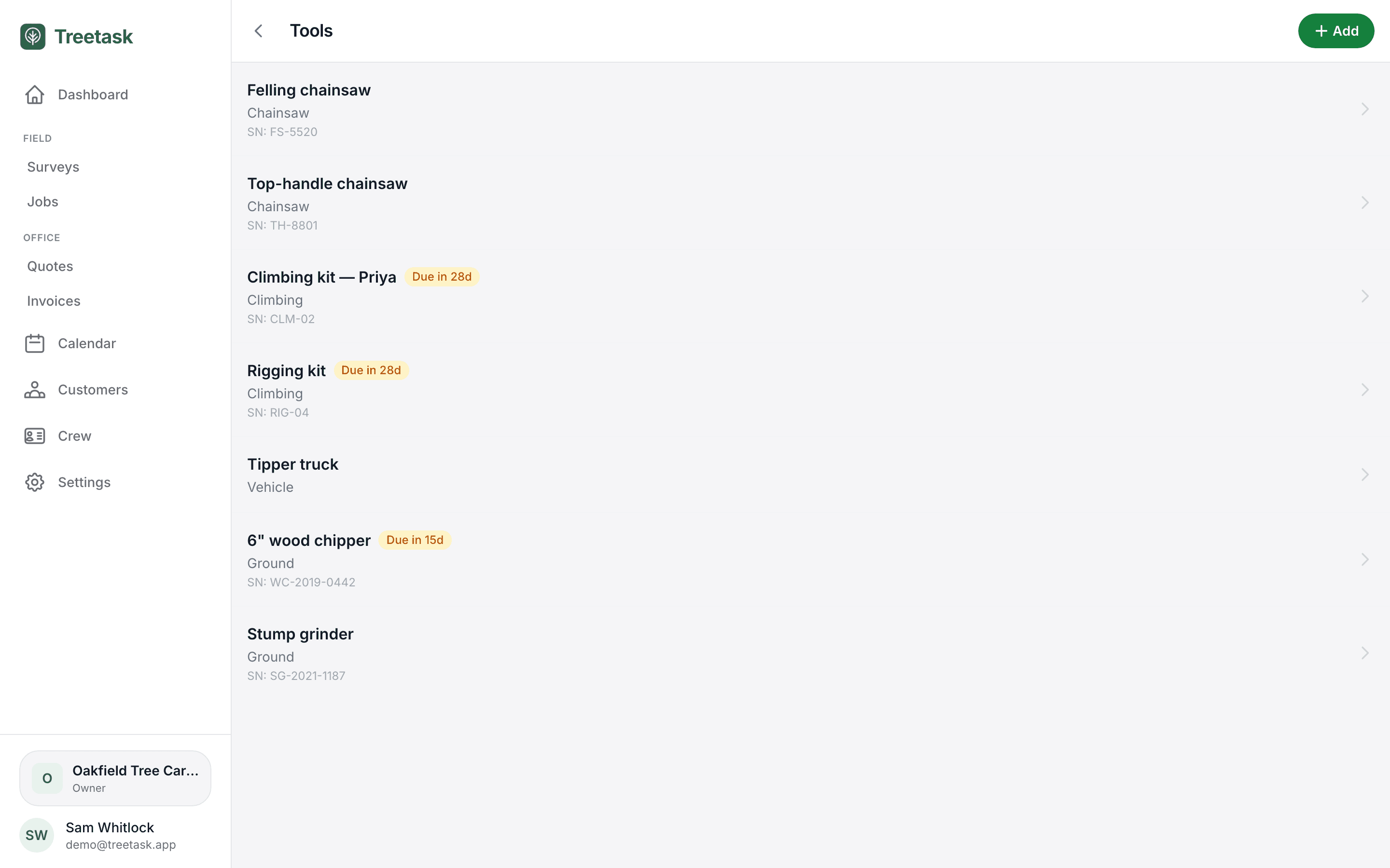 The tools and equipment inventory in Treetask