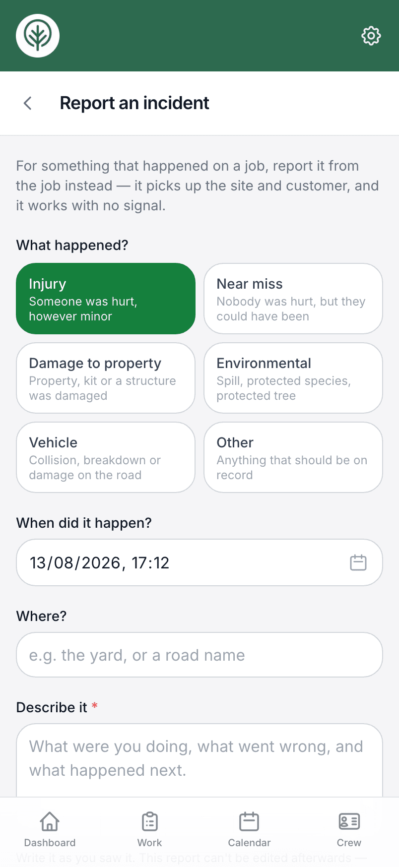 Reporting an incident in Treetask on a phone