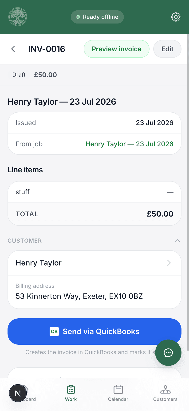 An invoice in Treetask
