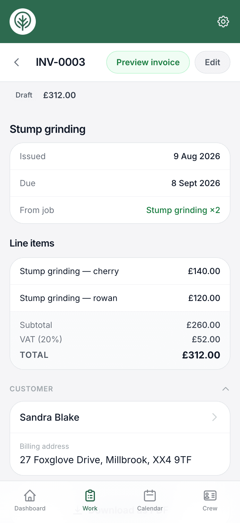 An invoice in Treetask, ready to push