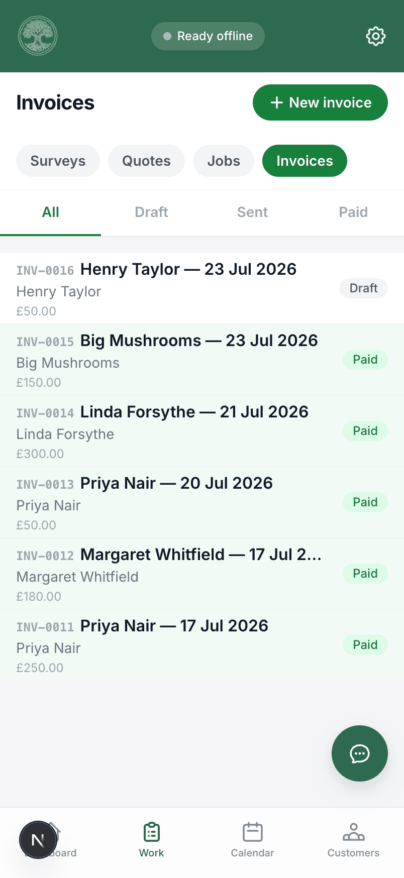 The Treetask invoices list showing draft, sent and paid statuses