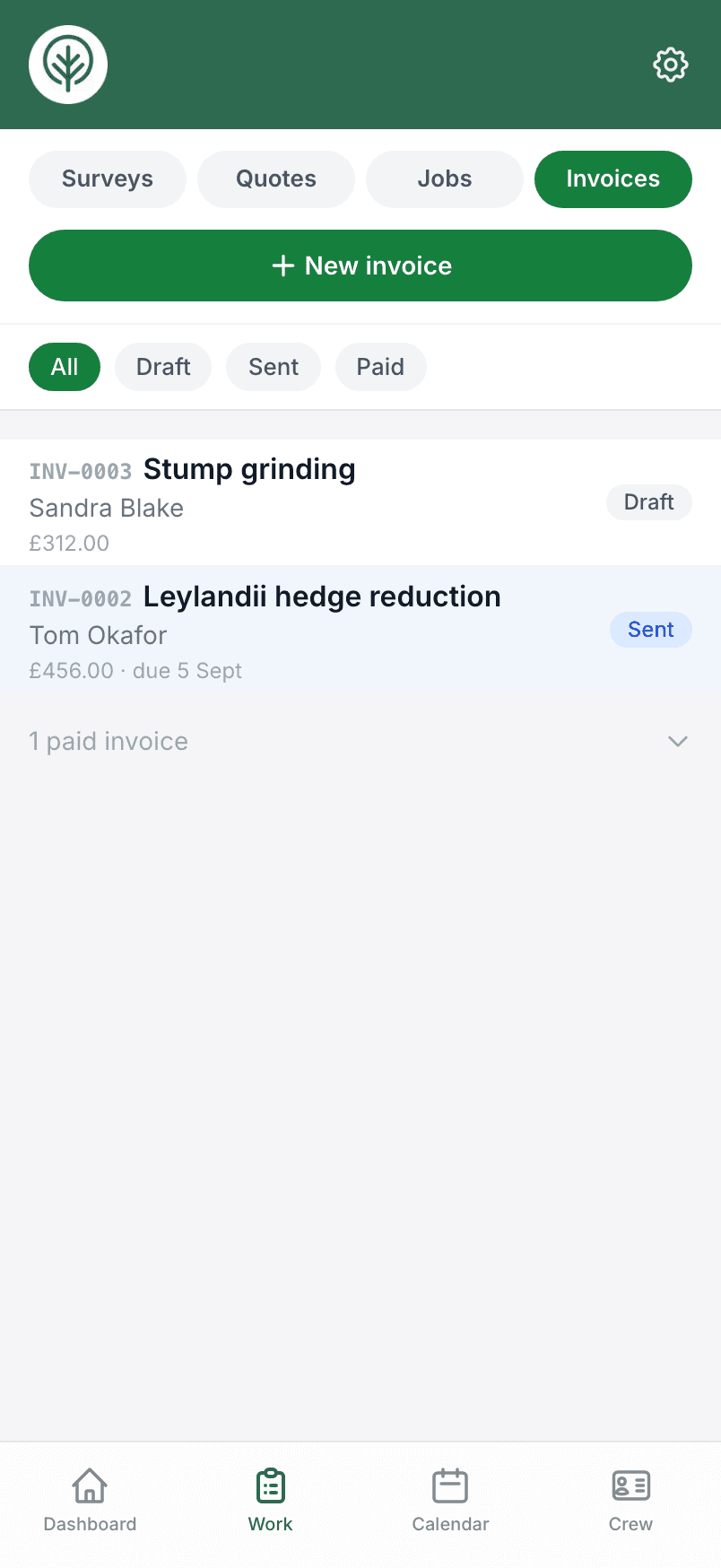 The invoice list, showing paid and outstanding invoices