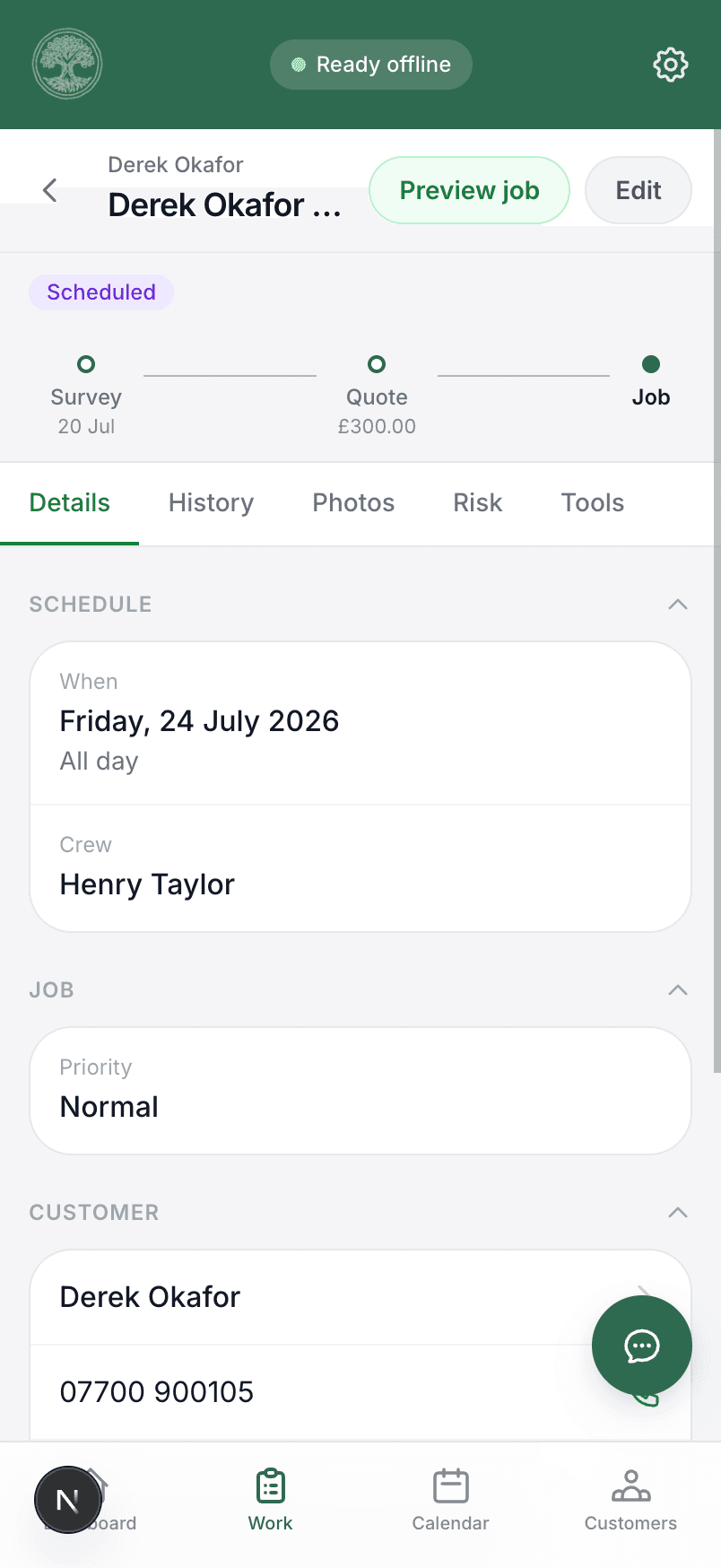 A job open in Treetask with a task list to tick off