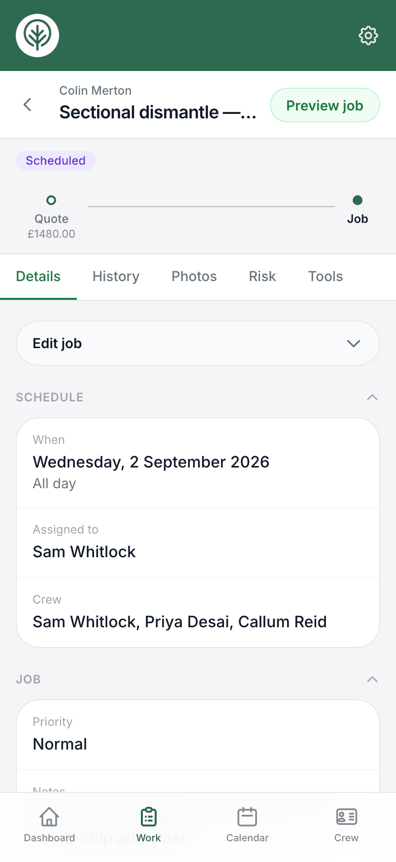 A job open in Treetask on a phone, with a task list to tick off
