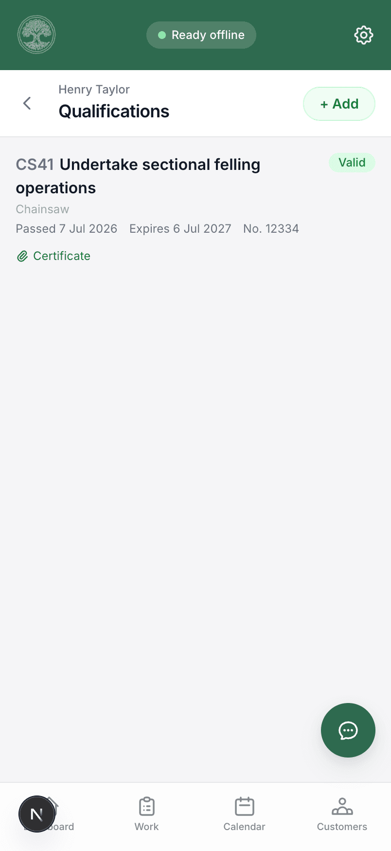 A crew member's qualifications in Treetask, with expiry status