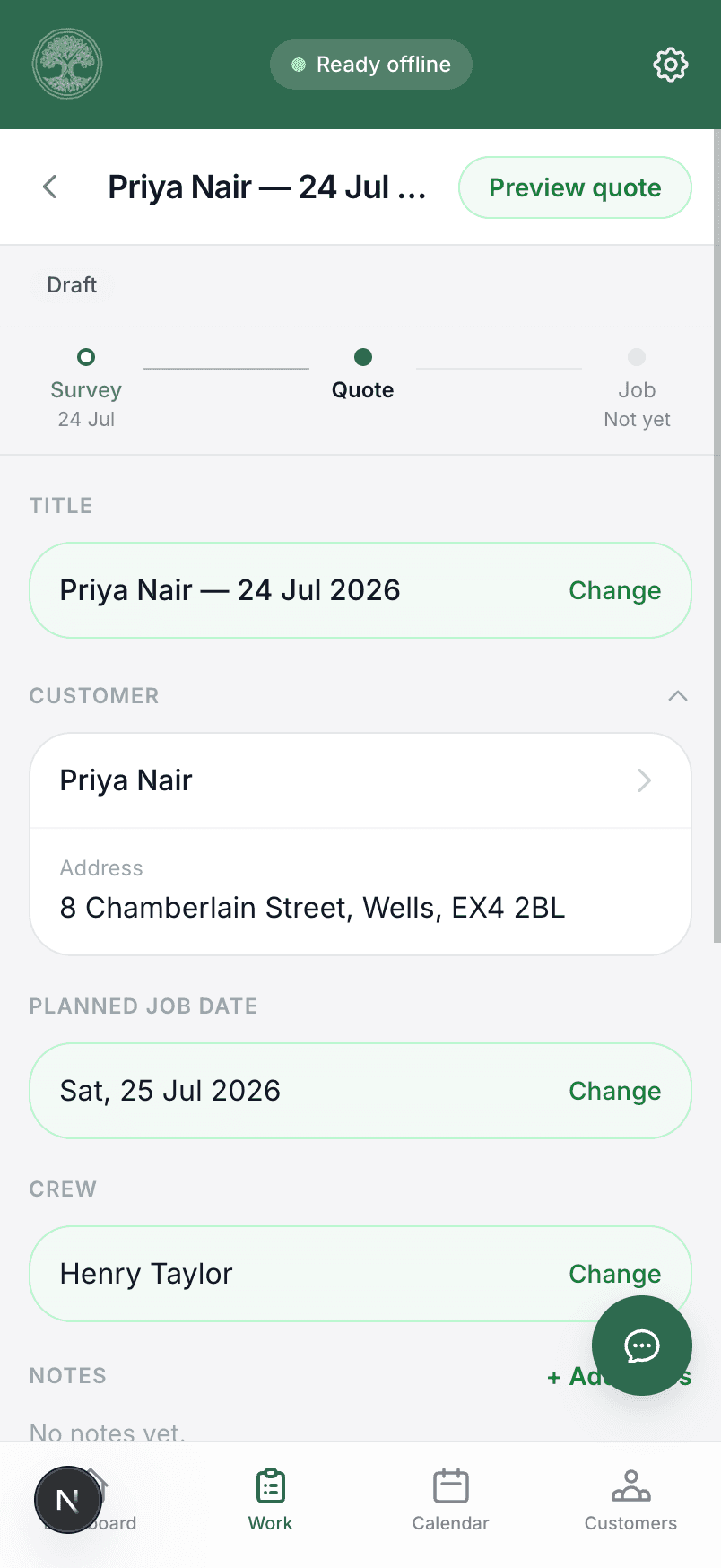 A quote in Treetask, broken into priced tasks