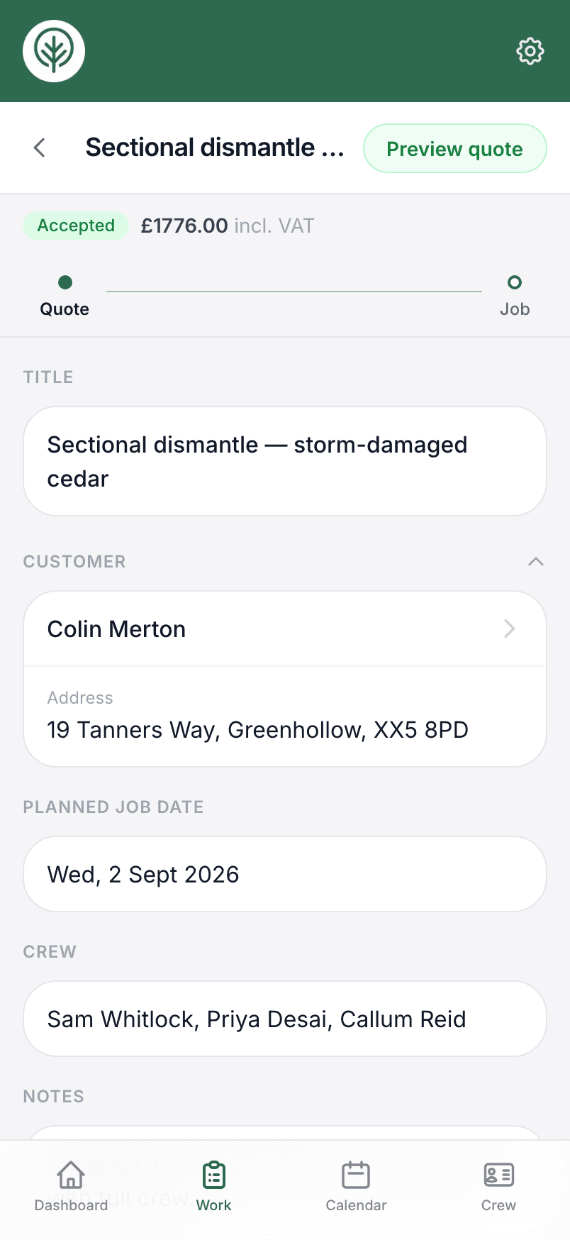 A quote in Treetask, broken into priced tasks