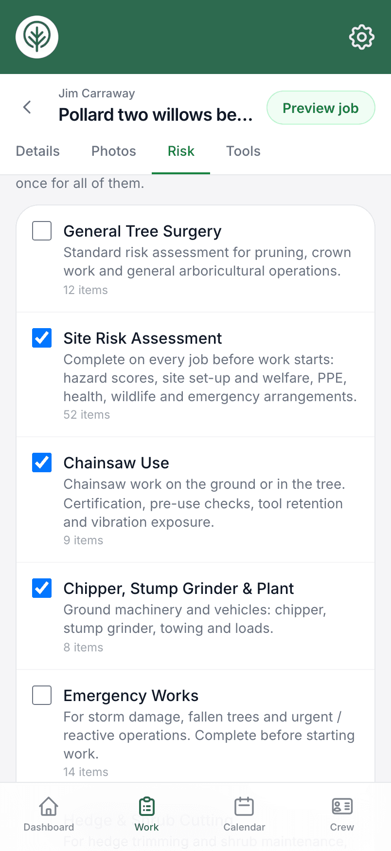 Ticking the risk assessments that apply to a job in Treetask