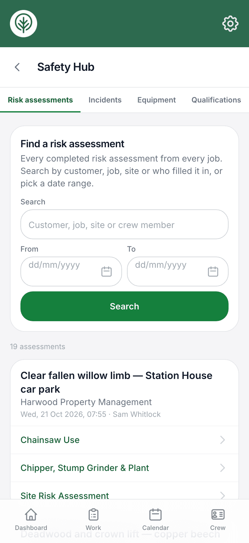 The risk assessment register on a phone, with search and date filters