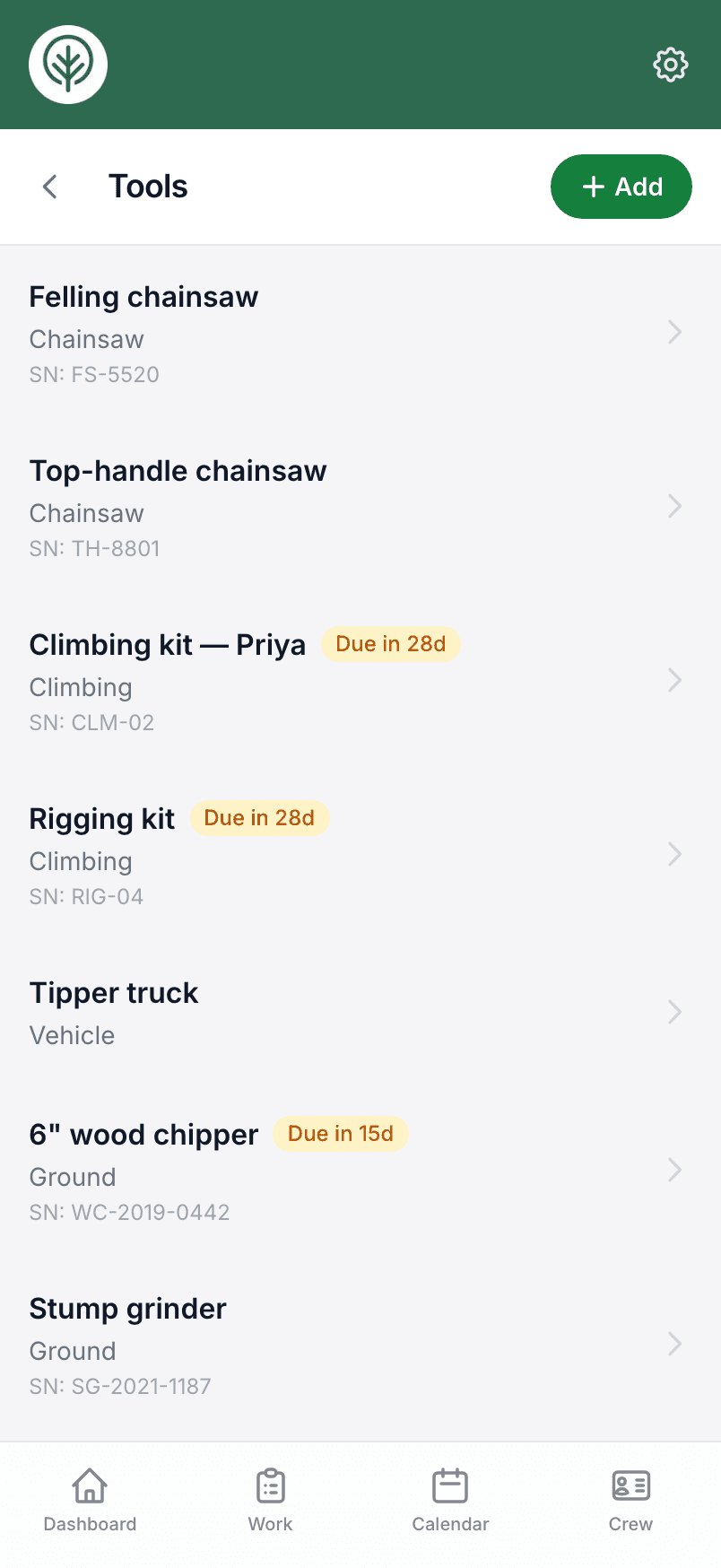 The tools list on a phone, with inspection due dates